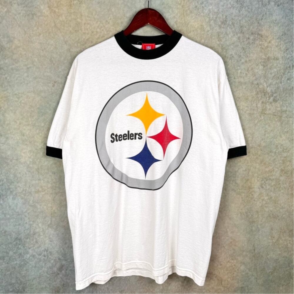 VTG Pittsburgh Steelers NFL T Shirt Mens Sz L Ringer White 90s Football